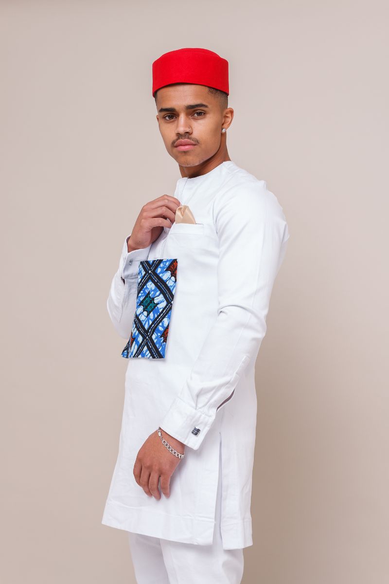 Sariki Men's White African Kaftan Set With Print Detail