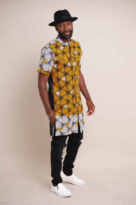 ODOGWU MEN'S AFRICAN PRINT SHORT-SLEEVE SHIRT (MUSTARD)