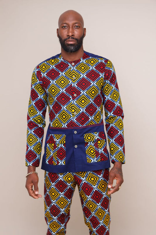 CHEKA MEN'S AFRICAN PRINT GEOMETRIC SAFARI SHIRT