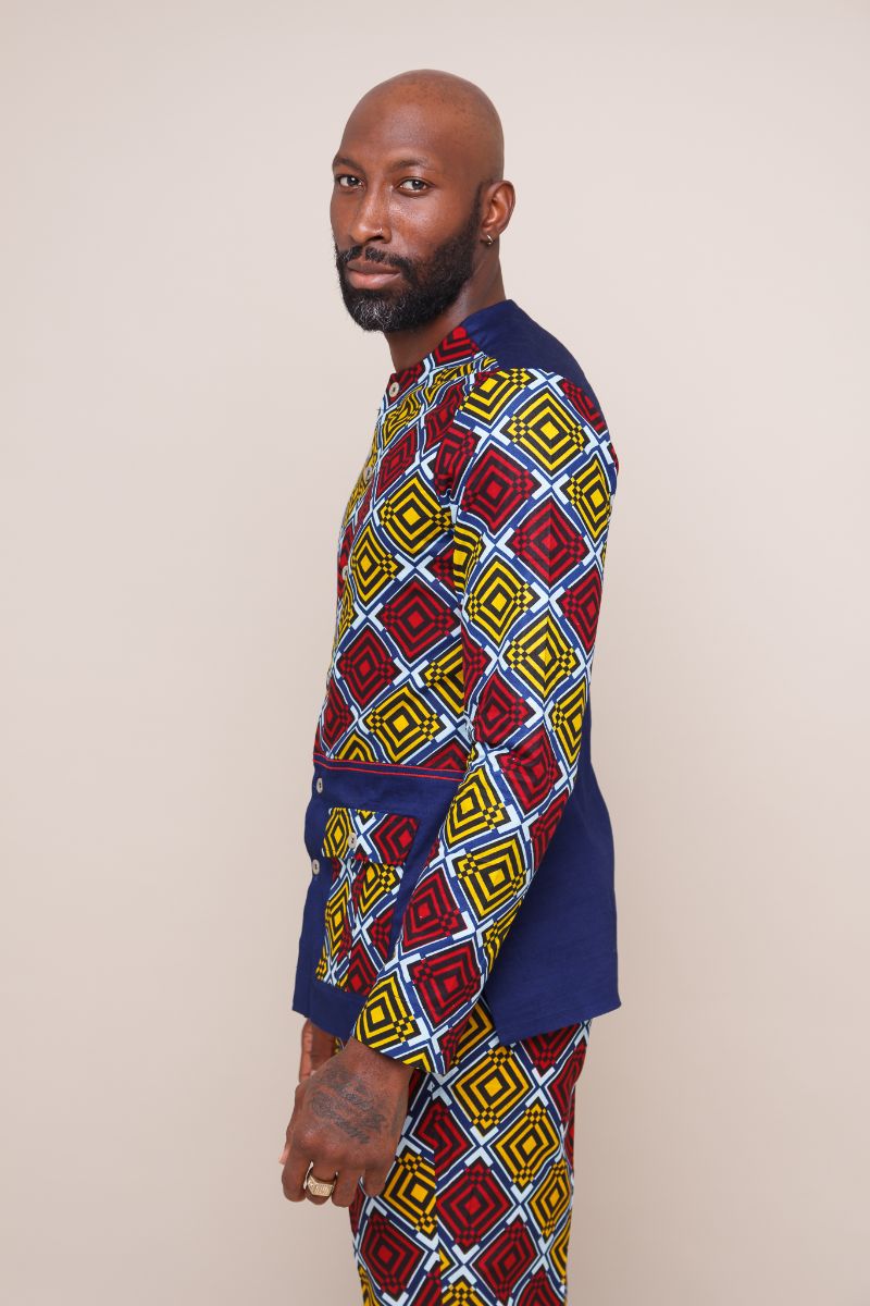 CHEKA MEN'S AFRICAN PRINT GEOMETRIC SAFARI SHIRT