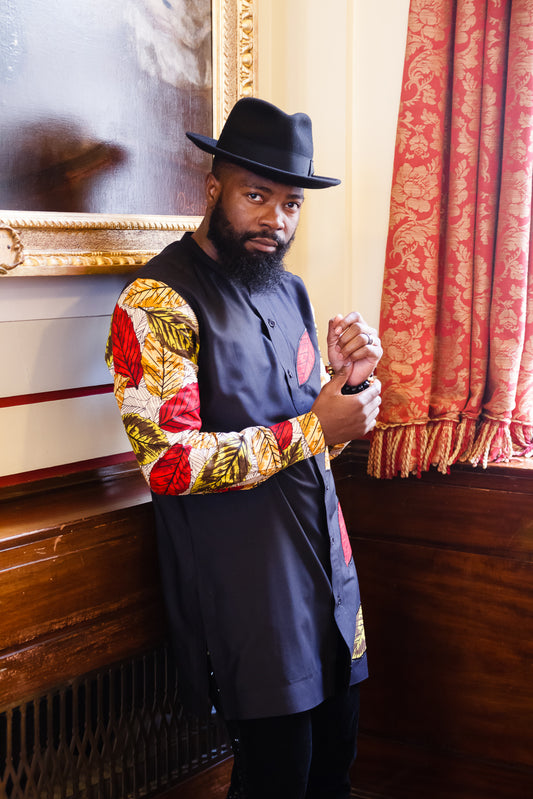 MAJANI MEN'S BLACK & AFRICAN PRINT SLEEVE TUNIC