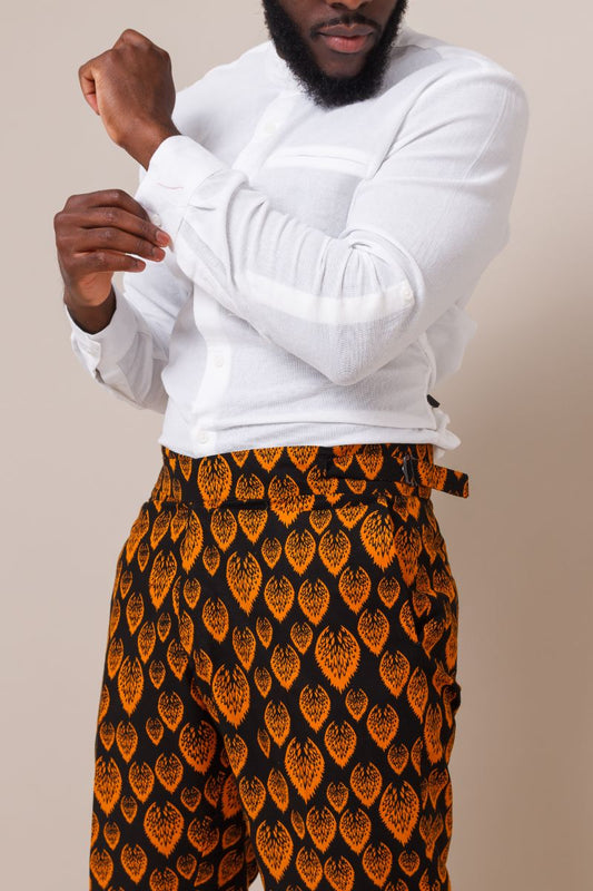 NDUKA MEN'S AFRICAN WRAP-WAIST TROUSERS WITH BUCKLE DETAIL