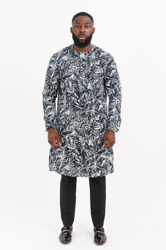 JUNGLE IN NAVY MEN'S PART-SILK AFRICAN KAFTAN