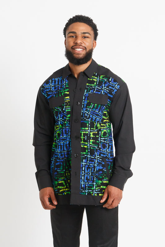Mofe Men's Long Sleeve African Print Shirt / Jacket (Black with Colorful Geometric Panel)