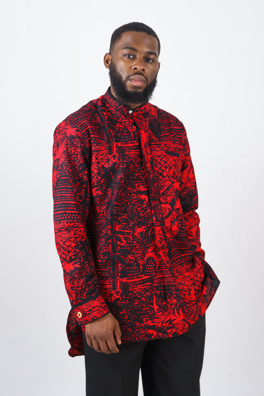 UBUNTU MEN'S RED AFRICAN PRINT LONG-SLEEVE SHIRT