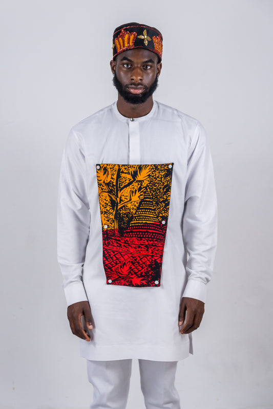 UBUNTU MEN'S WHITE COTTON WITH AFRICAN PRINT DETAIL
