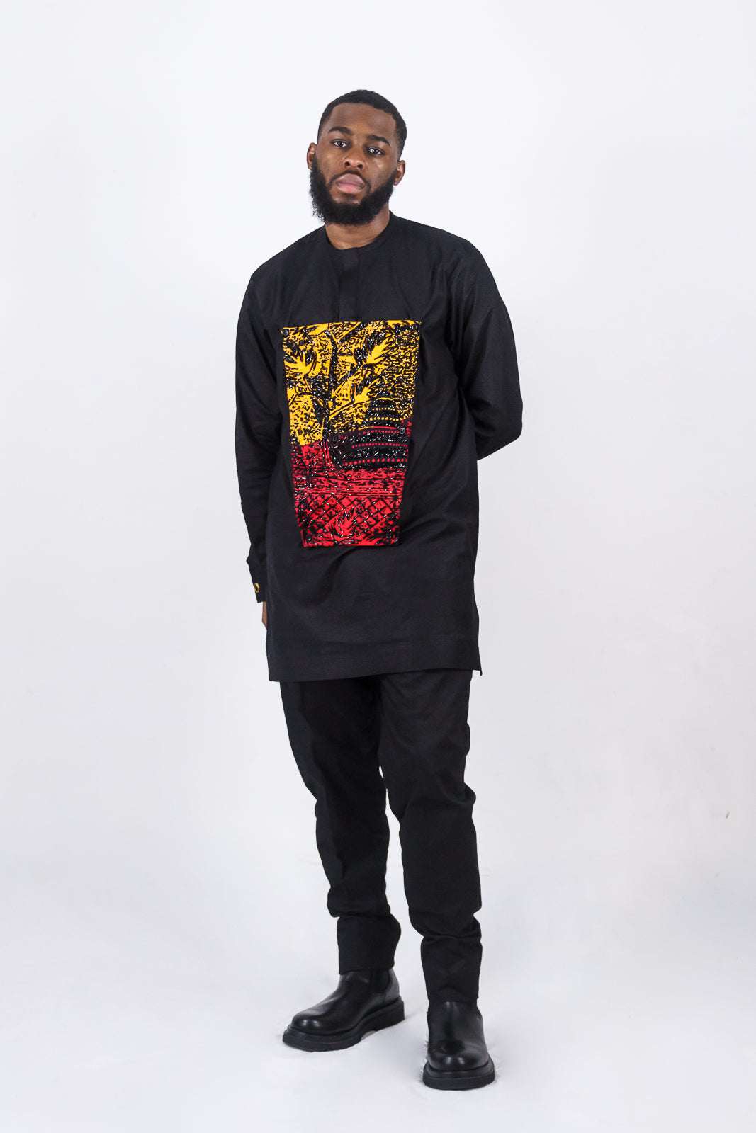 Black Cotton Senator With The UBUNTU Ankara Print Detail | Traditional African Men's wear