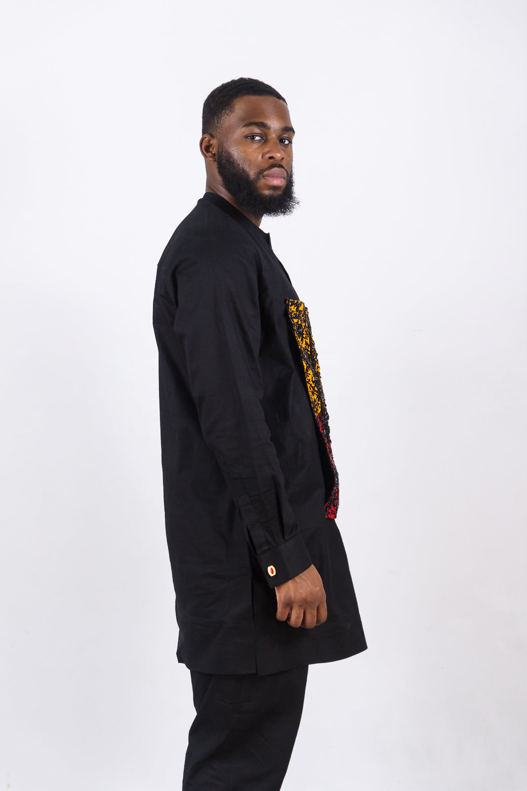 Black Cotton Senator With The UBUNTU Ankara Print Detail | Traditional African Men's wear