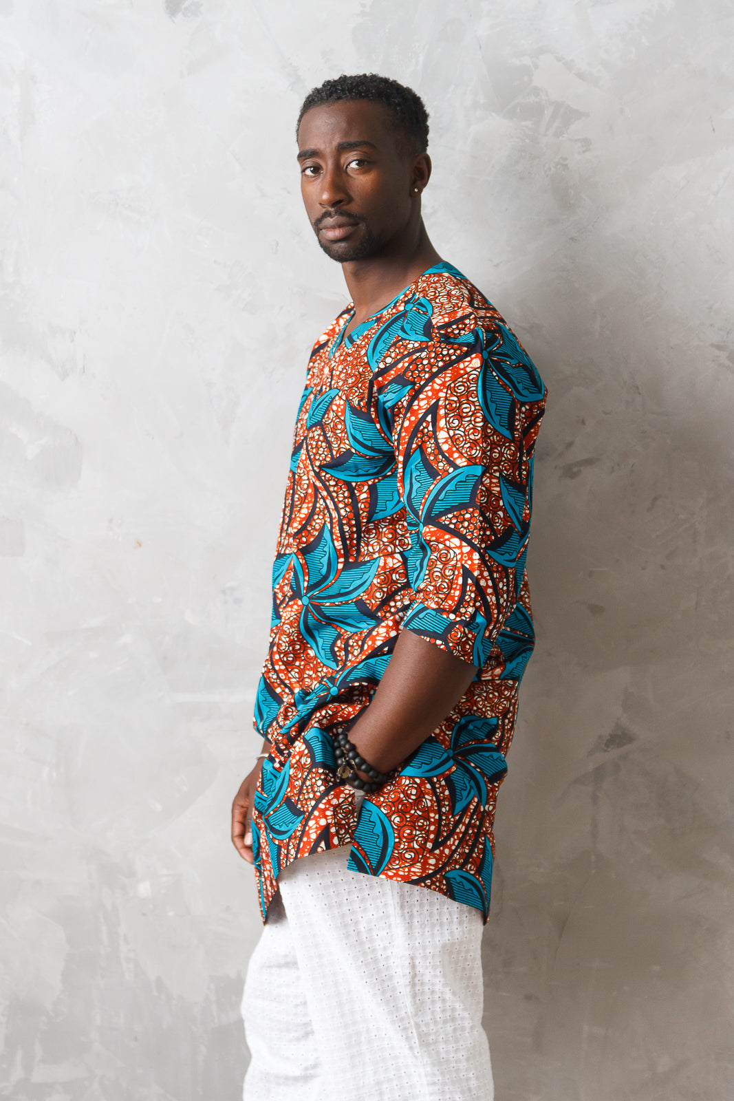 FANKA MEN'S TEAL V-NECK AFRICAN KAFTAN
