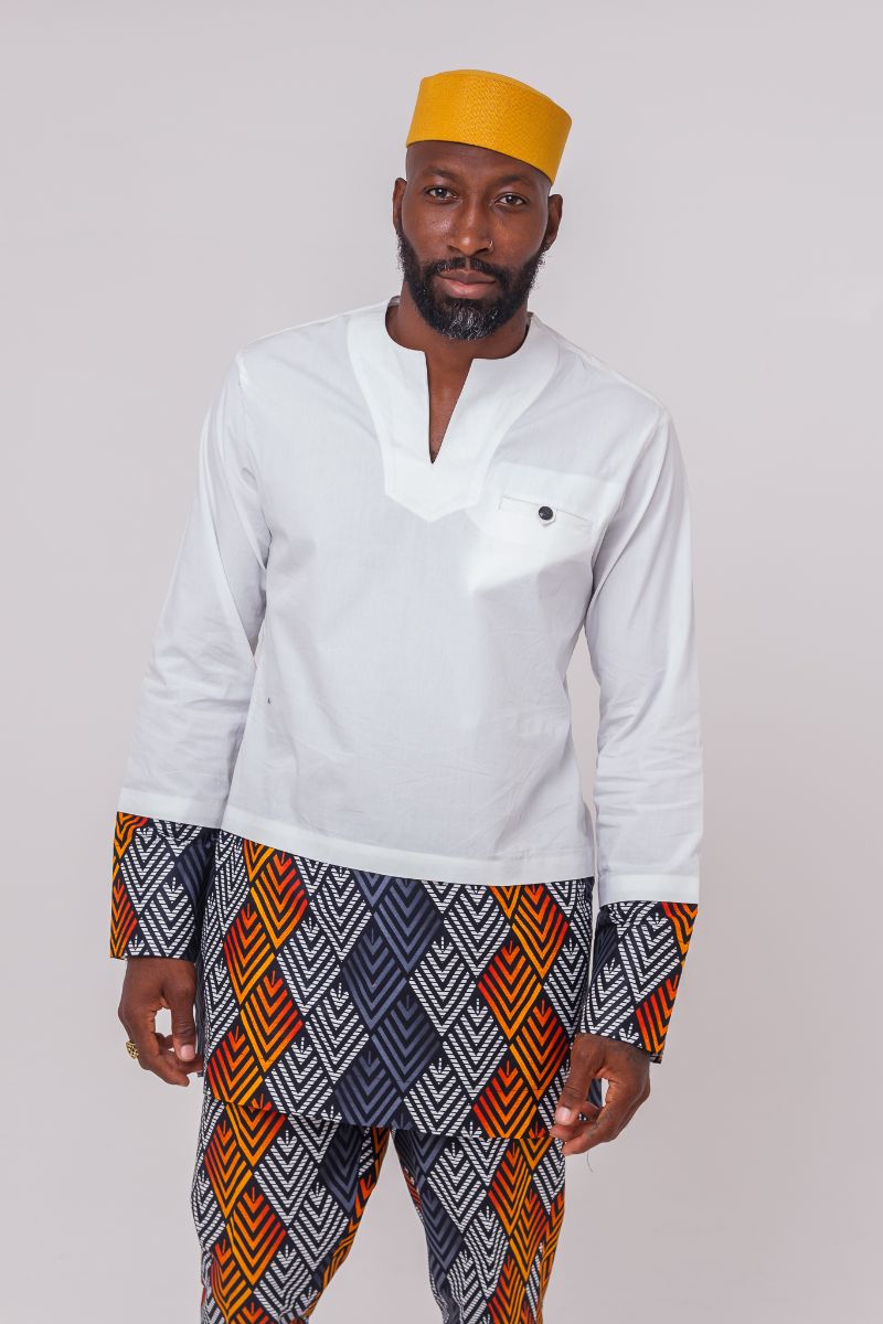 Alafia Men's White African Cotton Tunic V-Neck Kaftan