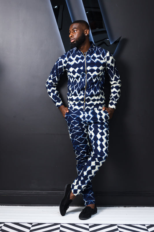 ADIRE MEN'S INDIGO DYE PRINT WAIST-LENGTH JACKET