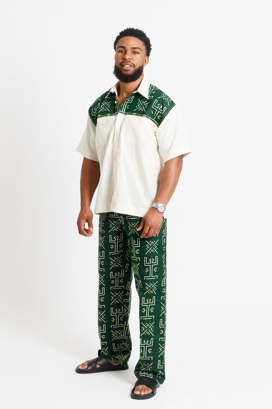 Nsibidi Men's African print Set (Ivory & Forest Green)