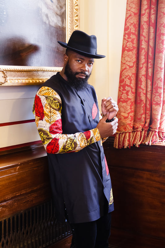 MAJANI Black Tunic With African Print Sleeve