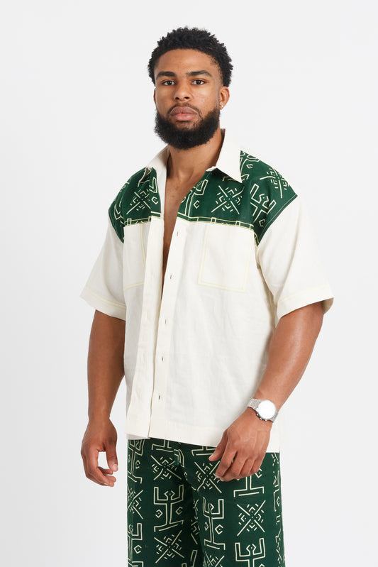 Nsibidi Men's African print Button-up Shirt (Ivory & Forest Green)