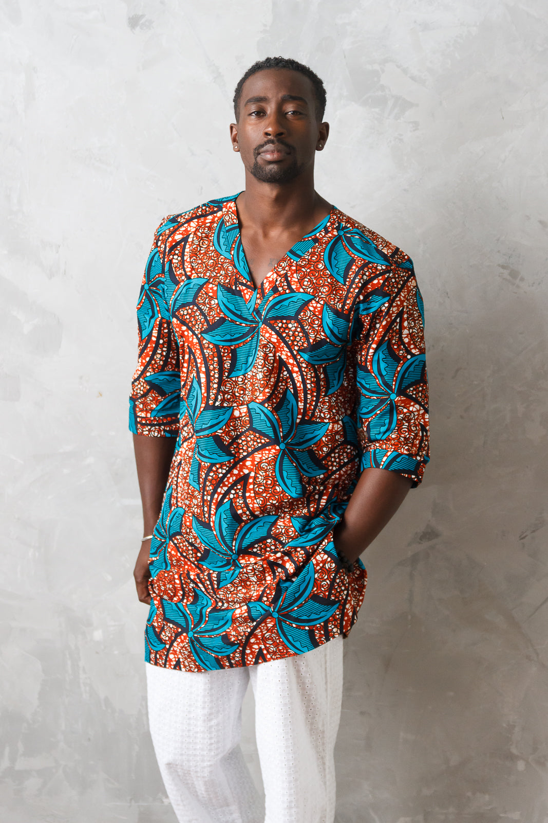 FANKA MEN'S TEAL V-NECK AFRICAN KAFTAN