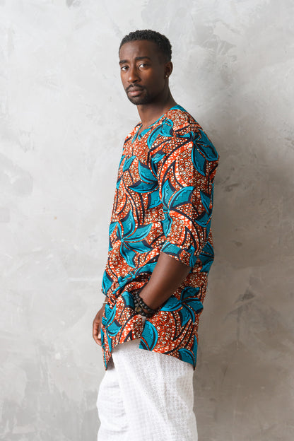 FANKA MEN'S TEAL V-NECK AFRICAN KAFTAN
