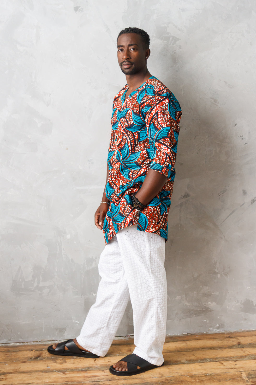 FANKA MEN'S TEAL V-NECK AFRICAN KAFTAN