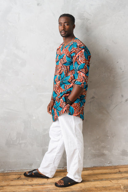 FANKA MEN'S TEAL V-NECK AFRICAN KAFTAN