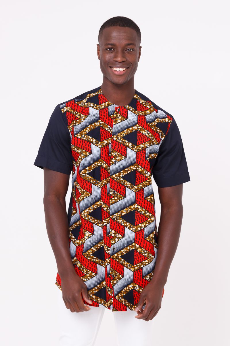 NZURI African Print and Navy Short Sleeve Shirt