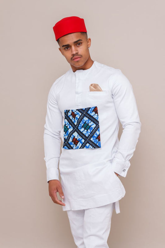 Sariki Men's White African Kaftan Set With Print Detail