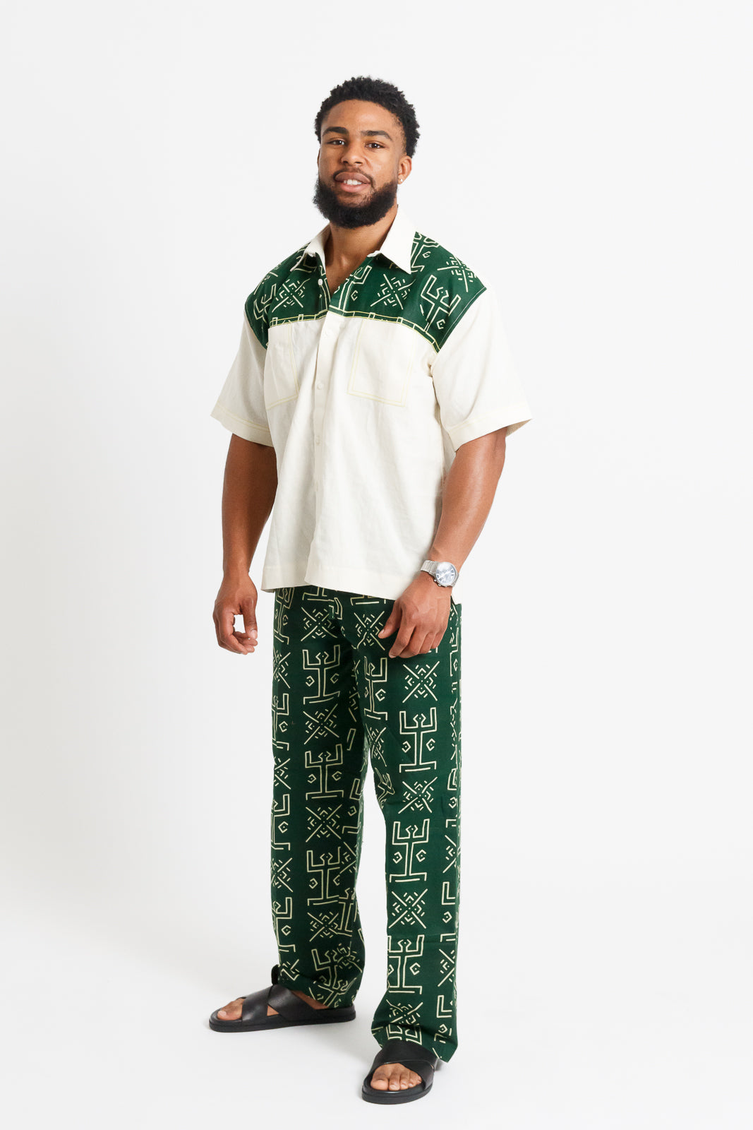 Nsibidi Men's African print Set (Ivory & Forest Green)